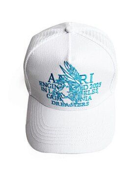 AMIRI White Trucker Cap with Turquoise Embroidered Logo